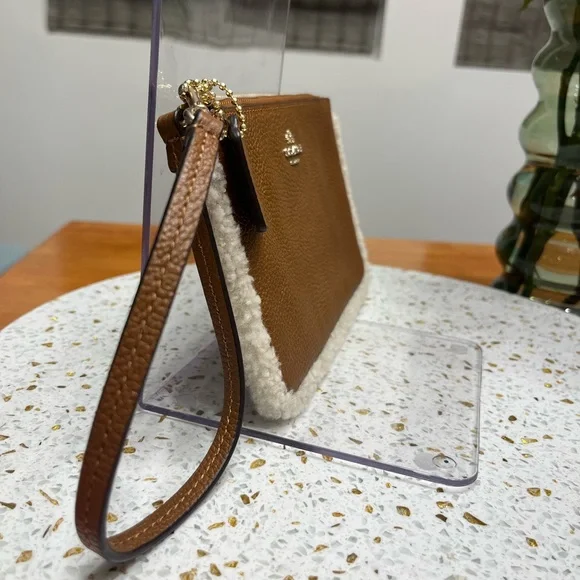Coach Brown Leather and Sherpa Trim Large Wristlet - Picture 3 of 9